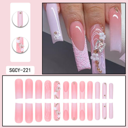 Long Gradient Nail Tips with Flowers, Rhinestones, Butterfly