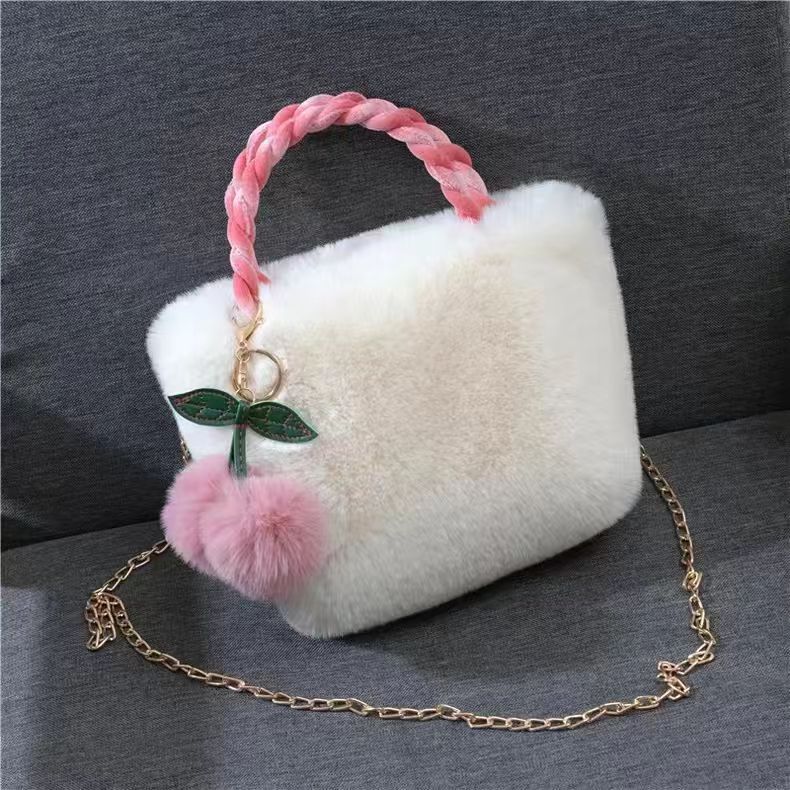 Cute Cherry Fuzzy Handbag Women's Winter Shoulder Tote