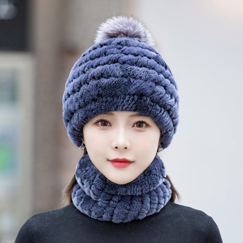 Warm Real Rabbit Fur Ear Flap Hat & Scarf Set