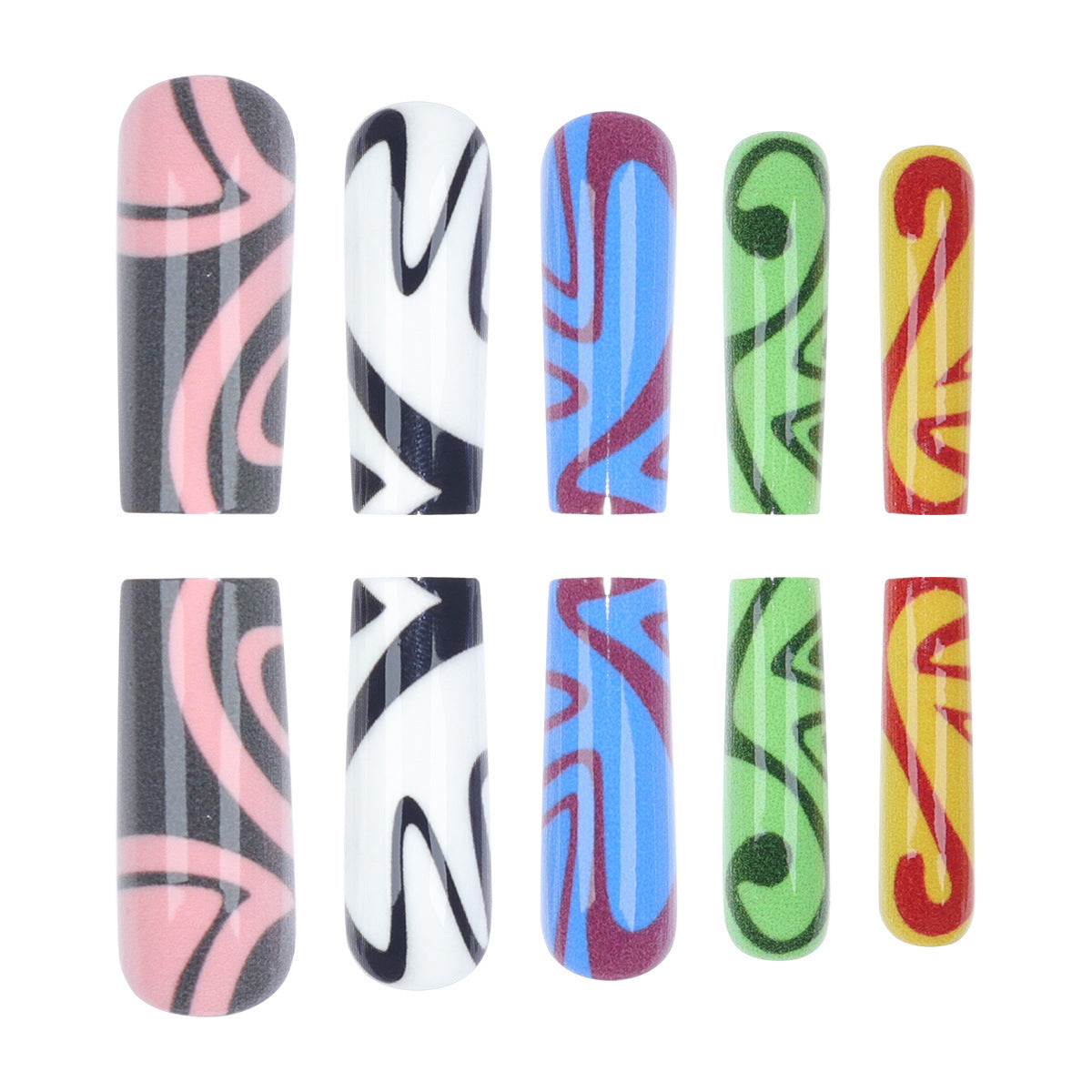 24-Piece Long Graffiti Geometric Nail Extensions, Detachable