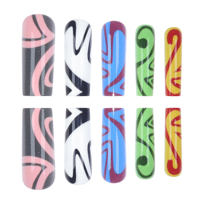 24-Piece Long Graffiti Geometric Nail Extensions, Detachable