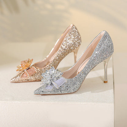 Fashion Rhinestone Flower High-heeled Sequin Party Shoes