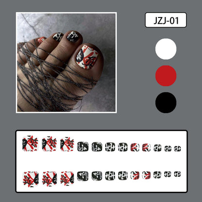 Summer Chinese Style Black Red Text Matte Toe Nails