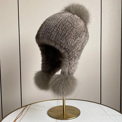 Warm Mink Fur Hat with Fox Fur Pom Pom - Winter Accessory