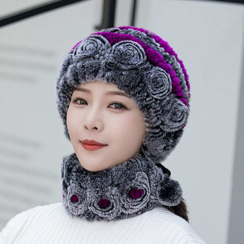 Warm Real Rabbit Fur Ear Flap Hat & Scarf Set