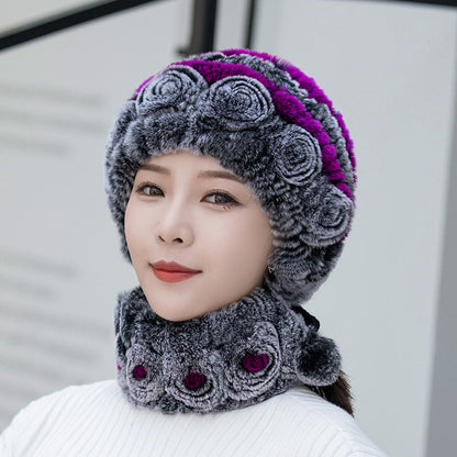 Warm Real Rabbit Fur Ear Flap Hat & Scarf Set