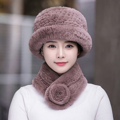 Winter Real Rabbit Fur Knit Hat & Scarf Set