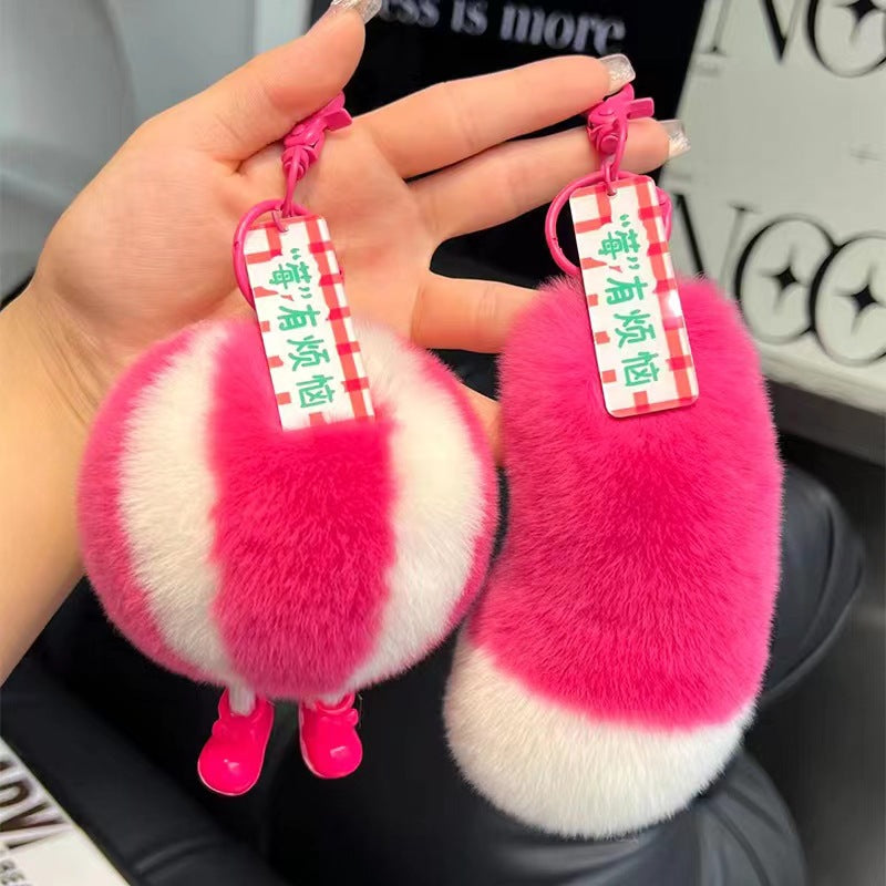 Cute Real Rabbit Fur Charm with Watermelon & Mushroom Design