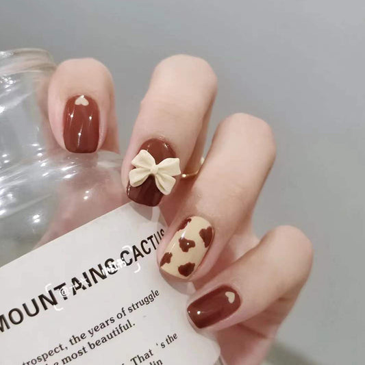 Wearable Nail Tips Milk Coffee Heart Bow Design-Homeunderwear