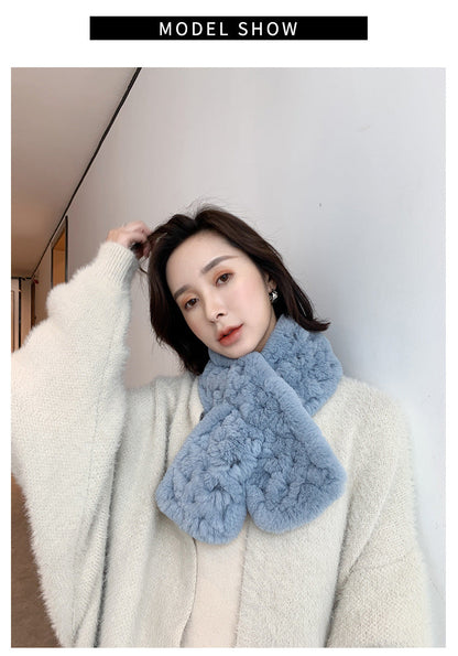 Real Rabbit Fur Scarf with Diamond Pattern - Winter Warmth