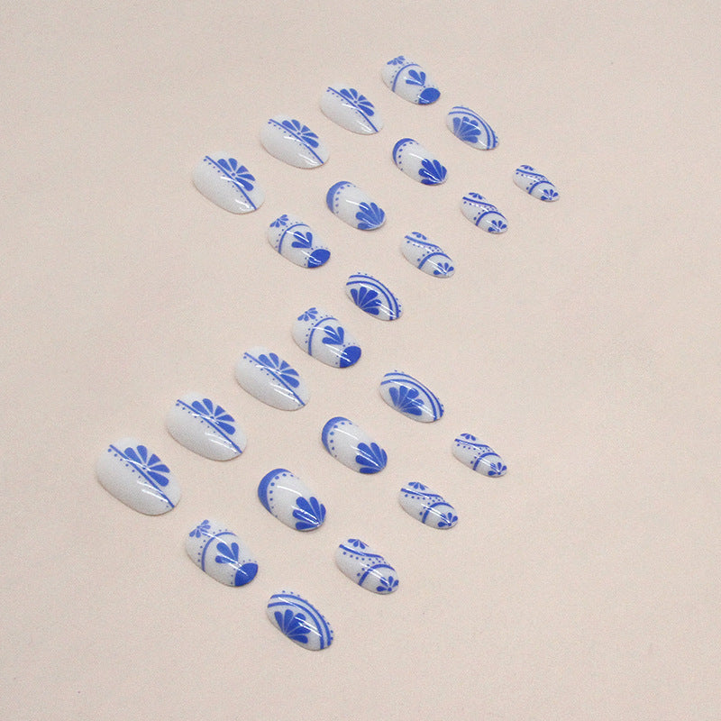 Oval Chinese Blue Porcelain Nails, Luxe Ins Style