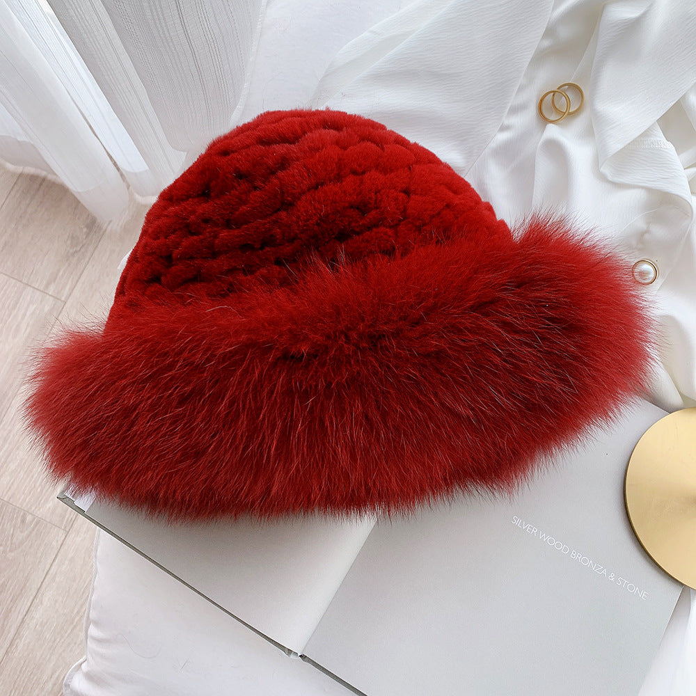 Cute Real Rabbit Fur Hat with Fox Trim - Winter Warmth