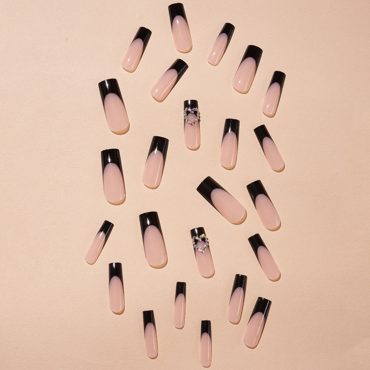 Long French Nail Tips with Crystal Hearts, Ready-to-Wear