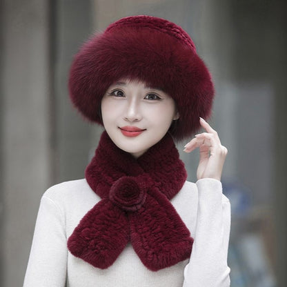 Women's Winter Warm Otter Rabbit Fur Bucket Hat & Scarf Set