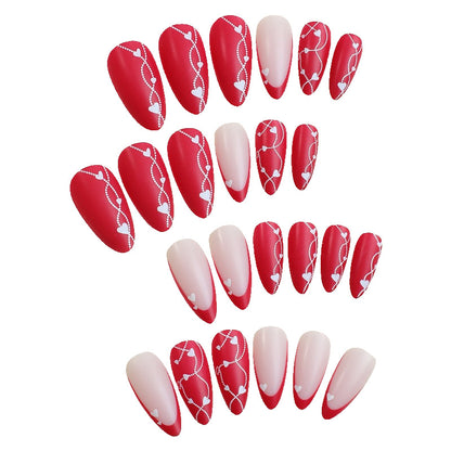 Almond Shape Red French Heart Nail Tips