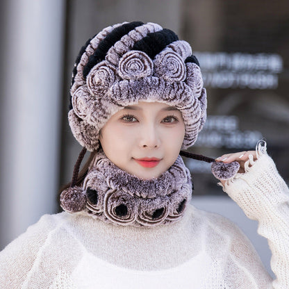 Warm Real Rabbit Fur Ear Flap Hat & Scarf Set