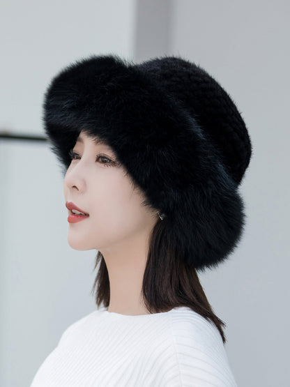 Warm Mink Fur Hat with Fox Pom Pom - Ear Flap Design