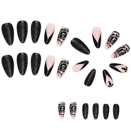 New FashionBlack Rose Almond Nail Tips