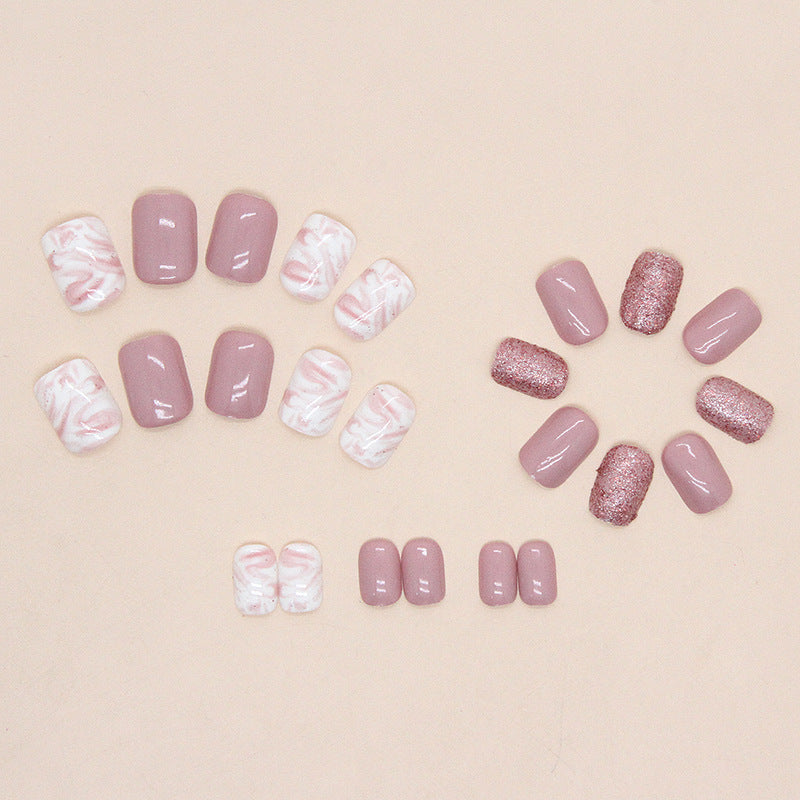 Simple White Pink Tender Girl Nails Sparkling Full Ink Wash Pink White Short Fake Nails-homeunderwear