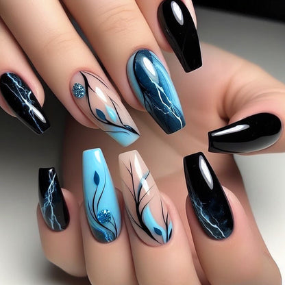 Short T-Shape Black Blue Irregular Stripe Plant Flower Press-On Nails