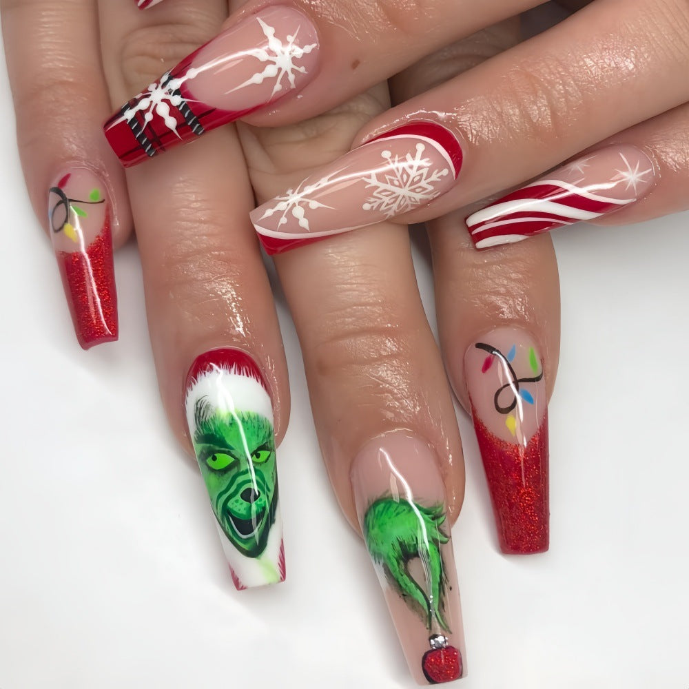 Christmas Green Grinch Red White Striped Snowflake Nails