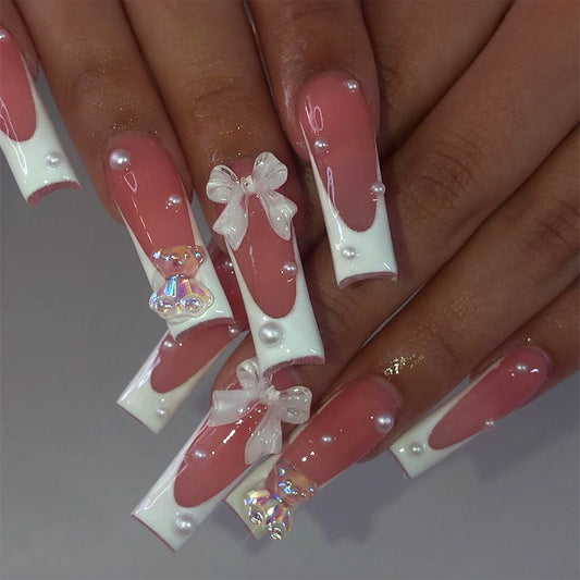 Extended Water Pipe Nails with 3D Bear and Pearl Bow