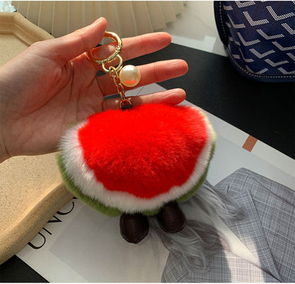 Cute Real Rabbit Fur Watermelon Charm Keychain & Phone Decor