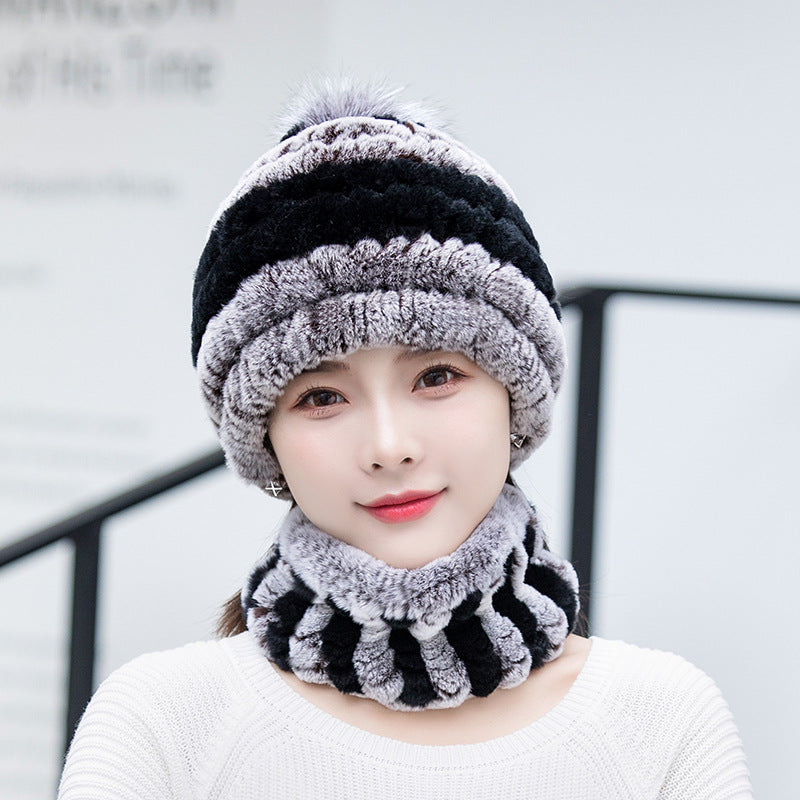 Warm Real Rabbit Fur Ear Flap Hat & Scarf Set