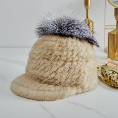 Stylish Mink Fur Cap with Fox Pom Pom - Winter Accessory