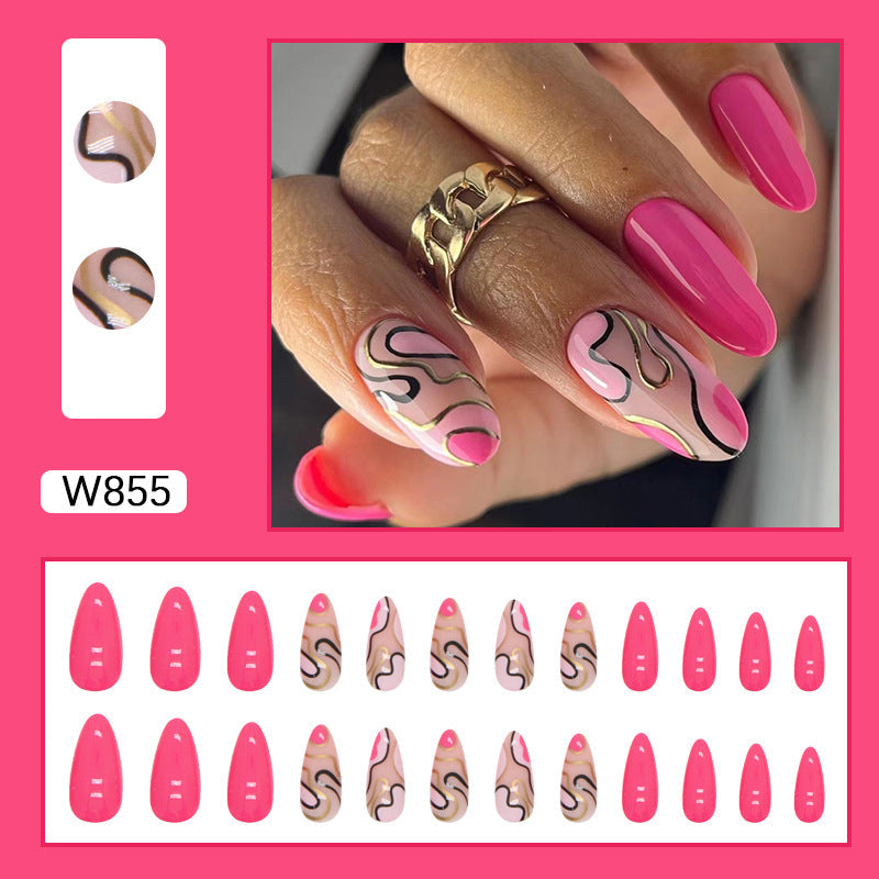 Ins Style Barbie Pink Almond Nails with Irregular Black Waves