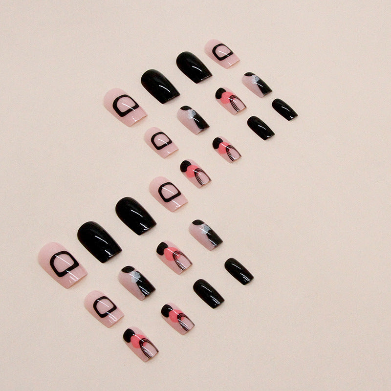 Mid-Length Square Sweet-Cool Solid Nails, Irregular Black Lines