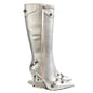 Metallic Pointed Grommeted Straps Stiletto Thigh-High Boots