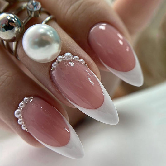 Simple French White Edge Nail Tips with Pearls