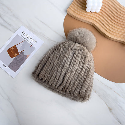 Versatile Mink Fur Knit Winter Hat with Fox Pom Pom