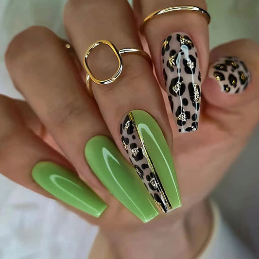 Long Olive Green Leopard Print Ballet Nails, Ins Style