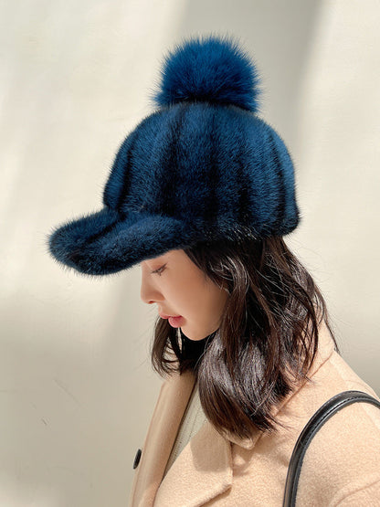 Warm Mink Fur Baseball Cap with Fox Pom Pom - Winter Fashion