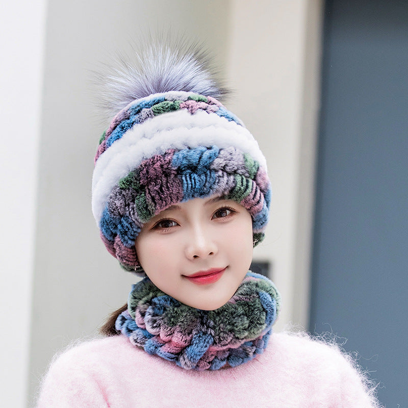 Warm Real Rabbit Fur Ear Flap Hat & Scarf Set