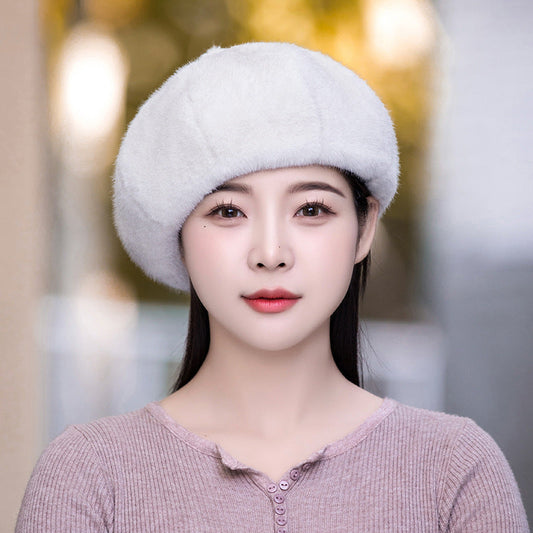 Women's Winter Fashion Water Mink Fur Beret Thick Warm Octagonal Hat