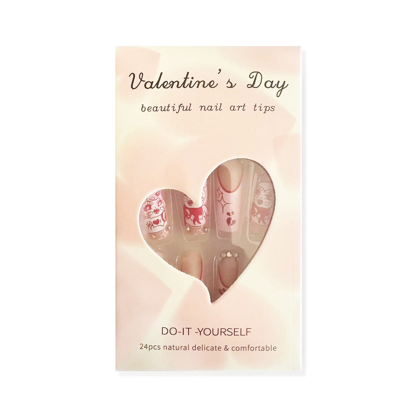 Long Matte PVC Nails with Valentine's Pink Heart Design