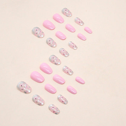 Cute Short Oval Floral Nails Pink Tender Fashion Sweet Girl Fake Nails-homeunderwear