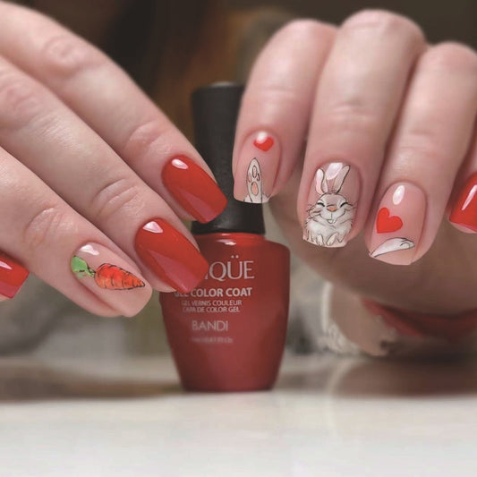 Red Short Square Easter Bunny Carrot Heart Nails