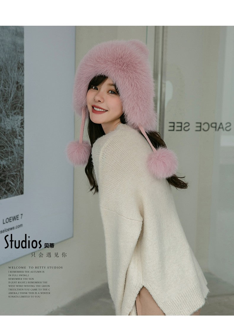 Winter Fox Fur Lined Beanie - Cozy & Cute Earflap Hat