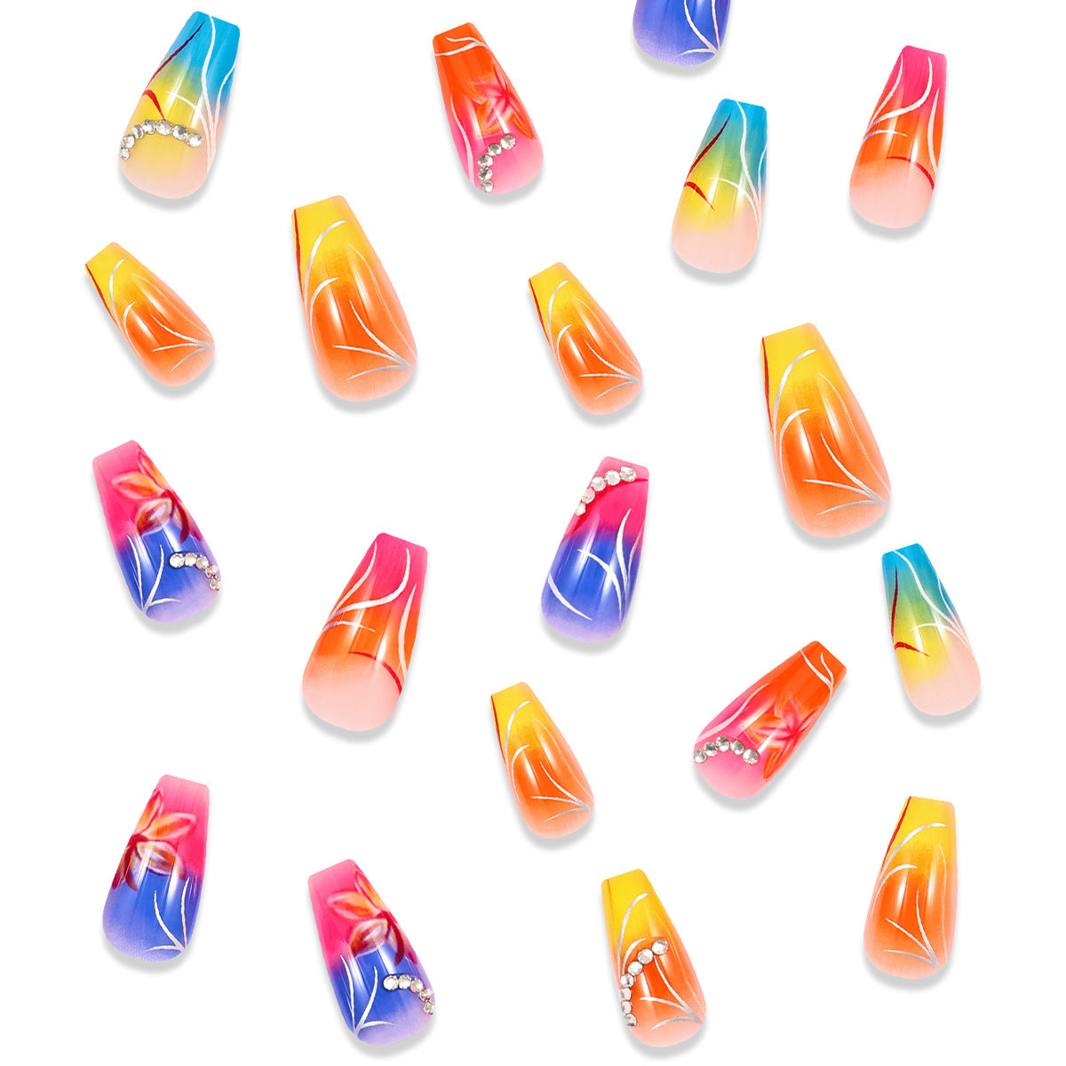 Rainbow Gradient Flower Diamond Nail Tips