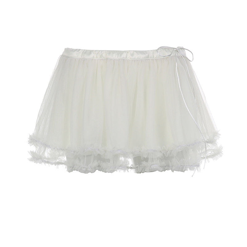 European and American Style Tulle Lace-Up Low Waist A-line Mini Skirt