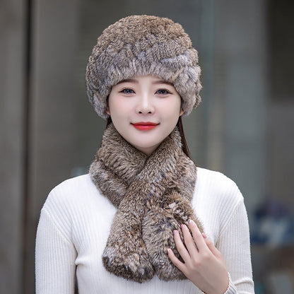 Warm Snow Rabbit Fur Ear Flap Hat & Scarf Set