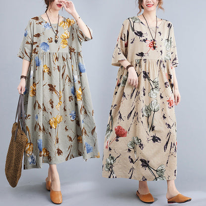 Artsy Loose-fit Cotton and Linen Printed Dress