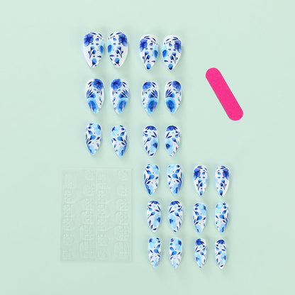 Sweet Cool Girl Luxe Ins-Style Blue-and-White Flower Waterdrop Nails