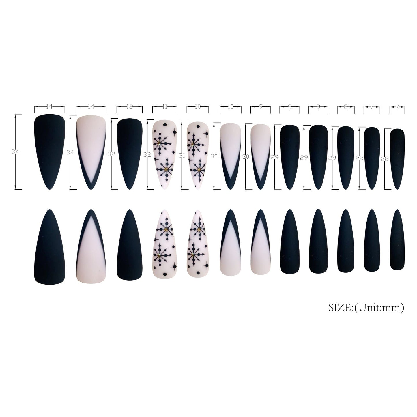 Extra Long Pointed Black French Matte Nails with Snowflakes