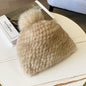 Women's Striped Fur Blend Hat with Real Rabbit Fur Pom Pom