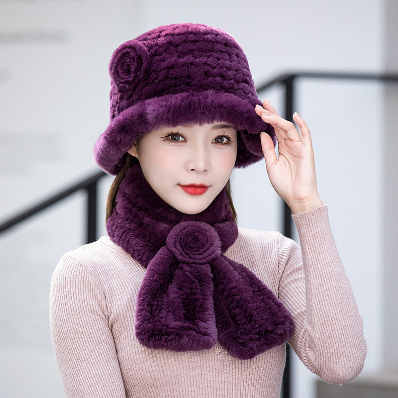 Warm Real Rabbit Fur Hat & Scarf Set - Ear Flap Design